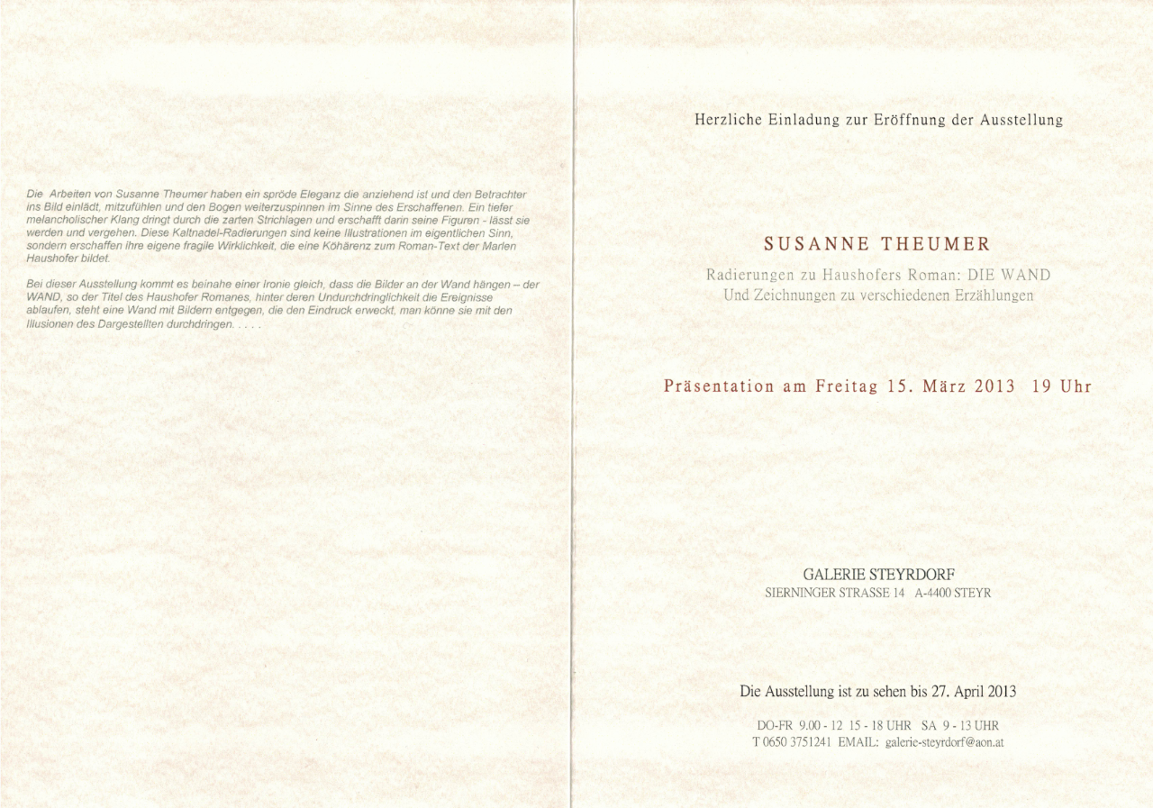 Einladung zur Ausstellung "Susanne Theumer - Radierungen zu Haushofers Roman Die Wand" in der Galerie Steyrdorf, Steyr